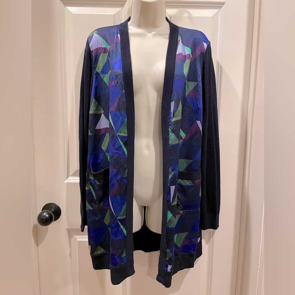 Stunning jewel tone St. John silk pattern cardigan.  Size Medium.